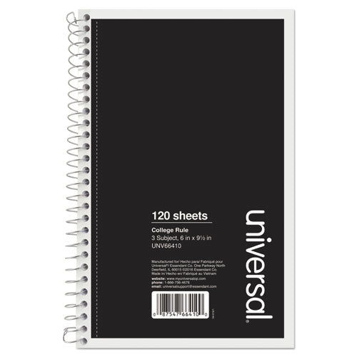 Wirebound Notebook, 3 Subjects, Medium-college Rule, Black Cover, 9.5 X 6, 120 Sheets