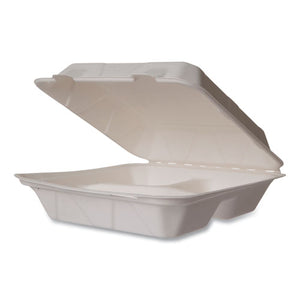 White Molded Fiber Clamshell Containers, 3-compartment, 9 X 18 X 2, White, Sugarcane, 200/carton