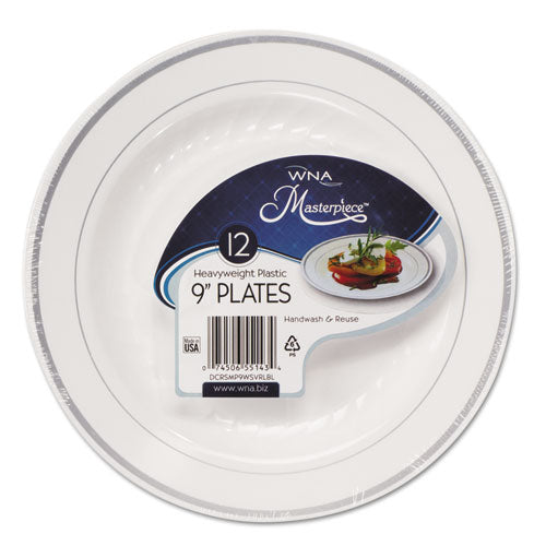 Masterpiece Plastic Plates, 9 In, White W-silver Accents, Round, 120-carton