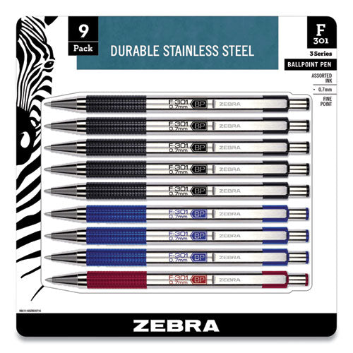 F-301 Retractable Ballpoint Pen, 0.7 Mm, Assorted Ink, Assorted Barrel, 9-pack