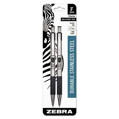 F-301 Retractable Ballpoint Pen, 0.7 Mm, Black Ink, Stainless Steel-black Barrel, 2-pack