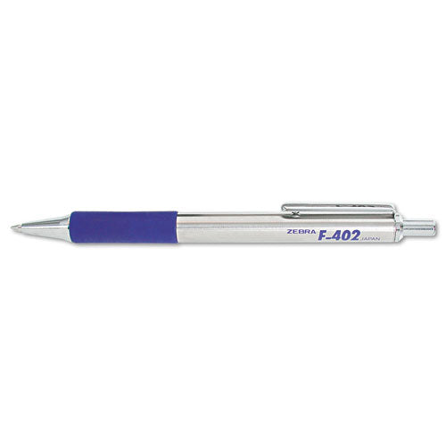 F-402 Retractable Ballpoint Pen, 0.7mm, Blue Ink, Stainless Steel-blue Barrel