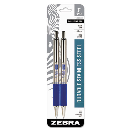 F-402 Retractable Ballpoint Pen, 0.7mm, Blue Ink, Stainless Steel-blue Barrel, 2-pack