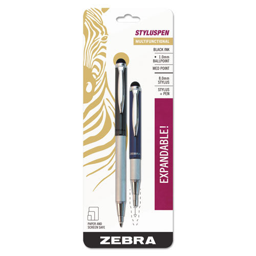 Styluspen Retractable Ballpoint Pen-stylus, 1mm, Black Ink, Blue-gray Barrel, Pair