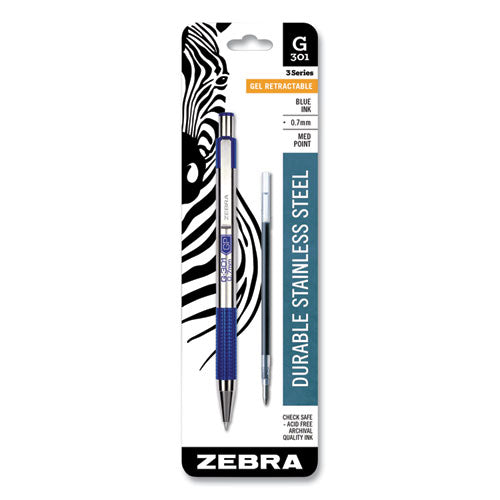G-301 Retractable Gel Pen, Medium 0.7 Mm, Blue Ink, Stainless Steel-blue Barrel
