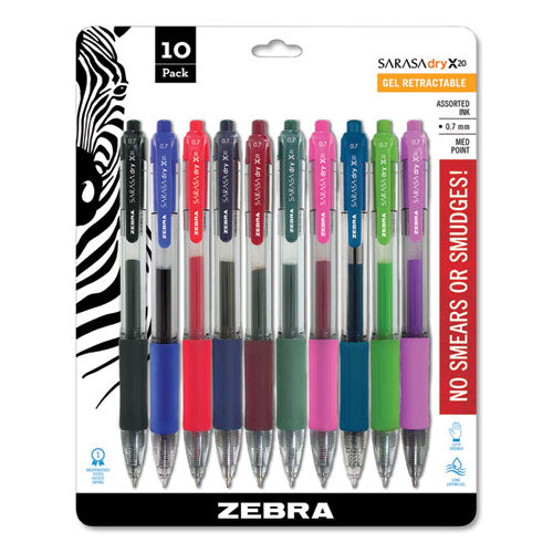 Sarasa Dry Gel X20 Retractable Gel Pen, Medium 0.7mm, Assorted Ink-barrel, 10-pack
